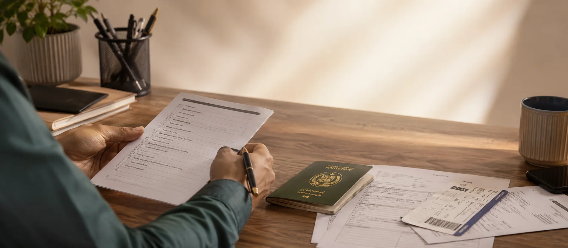Pakistani applicant reviewing a Schengen visa document checklist with a passport and boarding pass