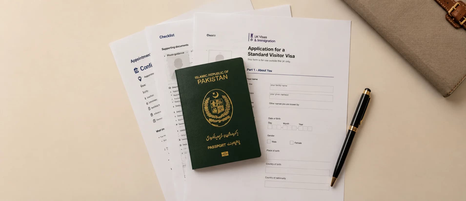 UK Standard Visitor visa application documents laid out next to a Pakistani passport